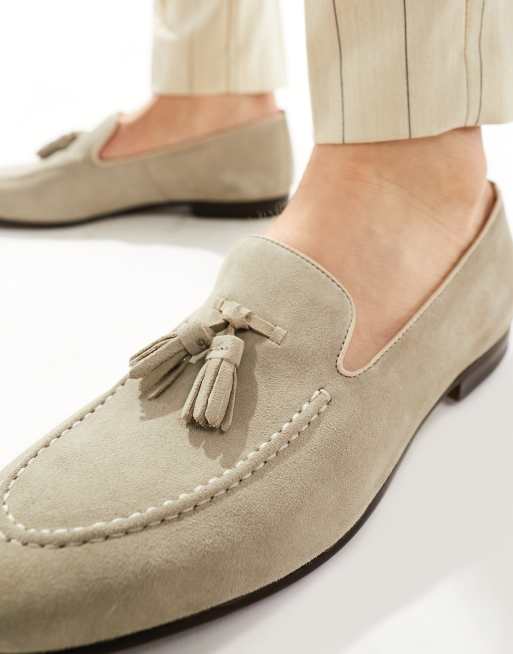 Walk London Trent Tassel Loafers In Stone Suede ASOS