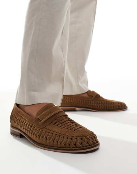 Walk London – Wes – Bruna tofflor av mocka i loaferstil med vävd design - view 1