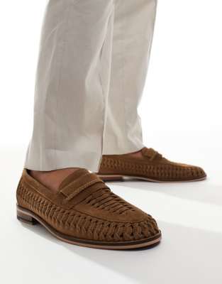 Walk London Wes Slip On Mules Weave Loafers In Tan Suede-Brown