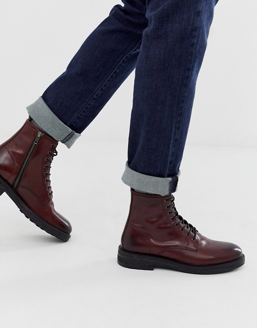 Walk London wolf lace up boots in burgundy leather