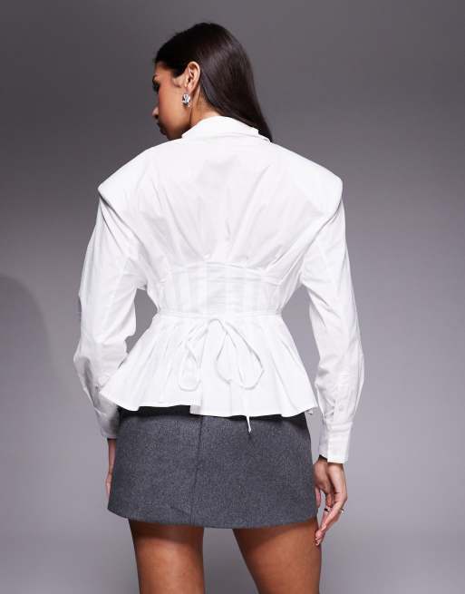 Wander Doll Andy shoulder pad cinched waist button-through shirt in white, 3 of 4