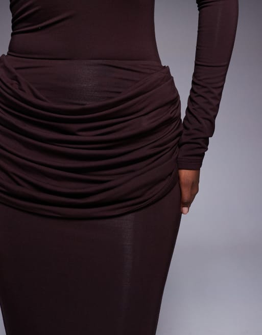 Wander Doll - Ashtin - Aansluitende maxi rok met gedrapeerd detail in espressobruin, deel van co-ord set, 2 van 5