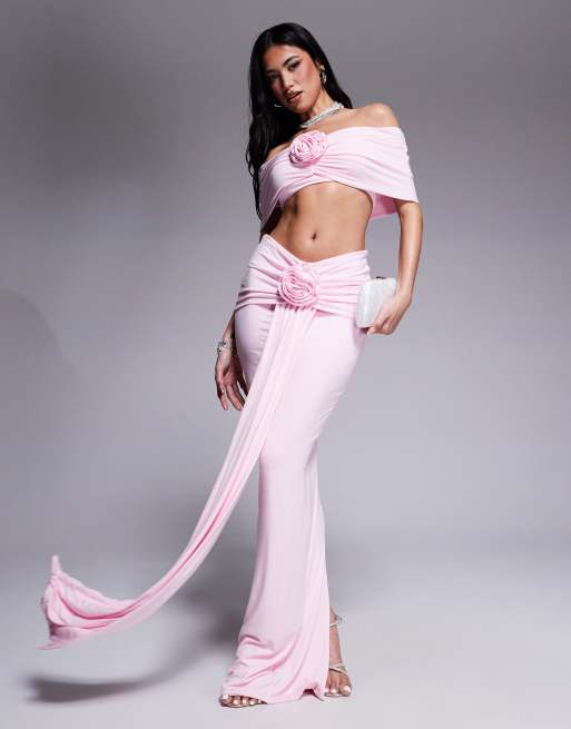 Wander Doll - Belle - Set van gerimpelde bardot-top en maxi-rok van modal met corsages en gedrapeerd detail in babyroze
