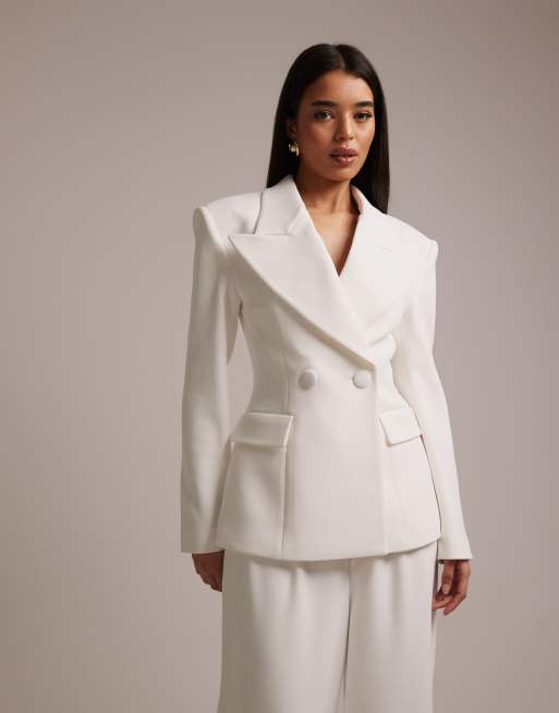 Wanderdoll Charlotte bridal oversized lapel cinch waist blazer and wide leg pants set in white, 2 of 3