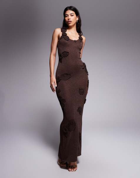 Wander Doll Eden metallic knit crochet floral leaf detail maxi dress in espresso - view 1