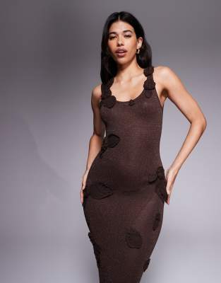 Wanderdoll Wander Doll Eden Metallic Knit Crochet Floral Leaf Detail Maxi Dress In Brown