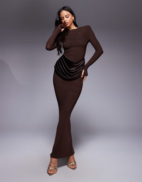 Wander Doll Eman long sleeve slash neck satin drape waist detail bodycon maxi dress in chocolate - view 1