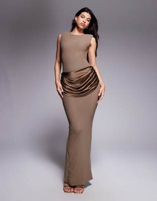 Wanderdoll Wander Doll Eman Shoulder Pad Detail Sleeveless Slash Neck Satin Drape Waist Detail Bodycon Maxi Dre In Brown