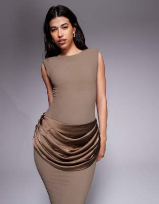 Wanderdoll Wander Doll Eman Shoulder Pad Detail Sleeveless Slash Neck Satin Drape Waist Detail Bodycon Maxi Dre In Brown
