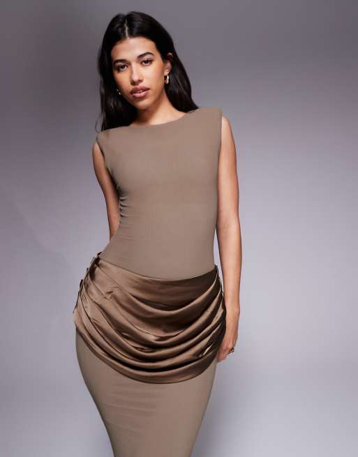 Wander Doll Eman shoulder pad detail sleeveless slash neck satin drape waist detail bodycon maxi dress in mocha mousse