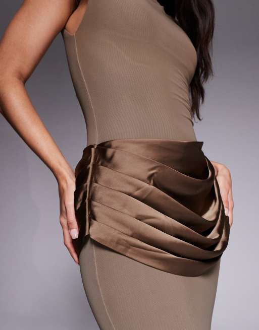 Wander Doll Eman shoulder pad detail sleeveless slash neck satin drape waist detail bodycon maxi dress in mocha mousse
