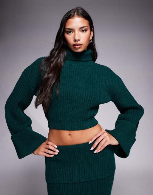 Wander Doll exclusive Mabel roll neck wide foldover sleeve cropped jumper in forest green (Part of a set)
