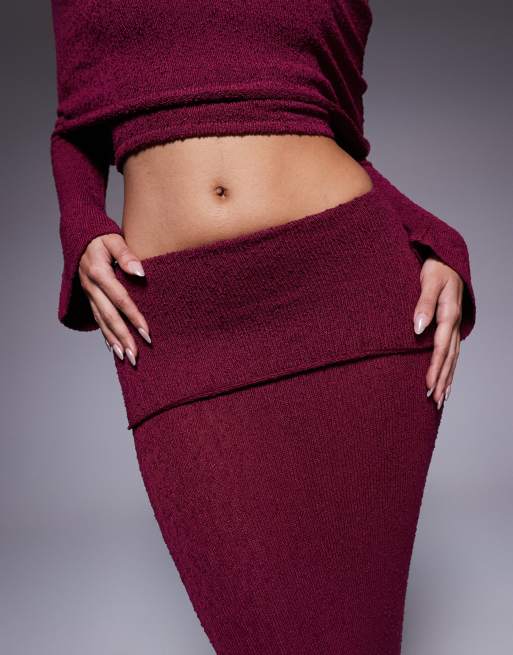 Wander Doll exclusive Yasmin boucle knit dramatic foldover maxi skirt in cherry (Part of a set), 3 of 5