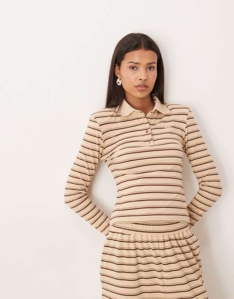 Wander Doll - Frankie - Gestreepte polotop van co-ord set van premium zware jersey met contrasterende kraag en lange mouwen in crème - view 1