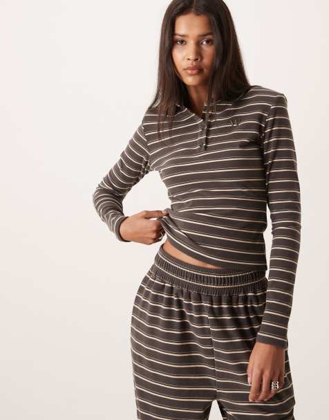 Wander Doll - Frankie - Gestreepte polotop van co-ord set van premium zware jersey met lange mouwen in grijs - view 1