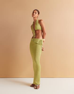 Wander Doll - Heidi - Maxi-Strandrock aus Metallic-Strick in Limette mit Umschlagbund und seitlicher Raffung, Kombiteil-...