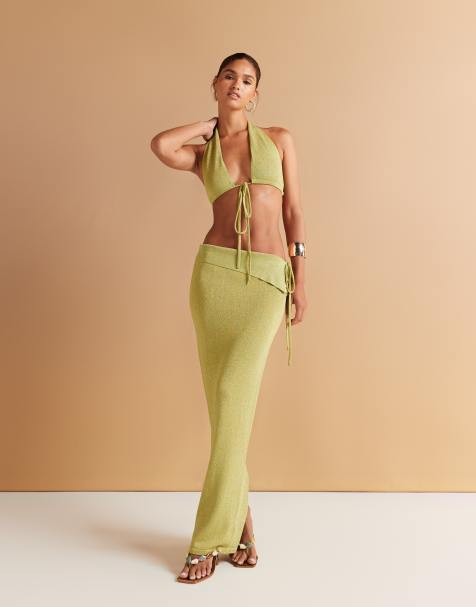 Wander Doll Heidi metallic knitted bralette tie front beach top and knitted ruched side set in lime - view 1