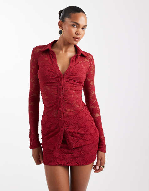 Wander Doll Lacie plunge neck long sleeve lace shirt in wine - part of a set - view 1