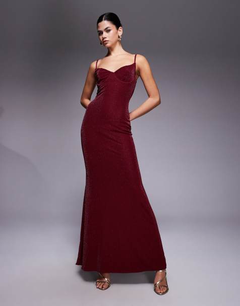 Wander Doll Leah sculpted cup detail cami maxi dress in burgundy glitter - view 1