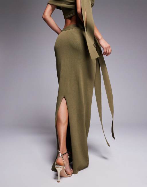 Wander Doll - Lois - Gonna lunga in maglina kaki con drappeggio in coordinato, 4 di 5