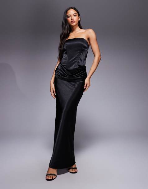 Wander Doll - Luna - Co-ord set van satijnen bandeau-korsettop met gedrapeerde hals en maxi-rok in zwart - view 1