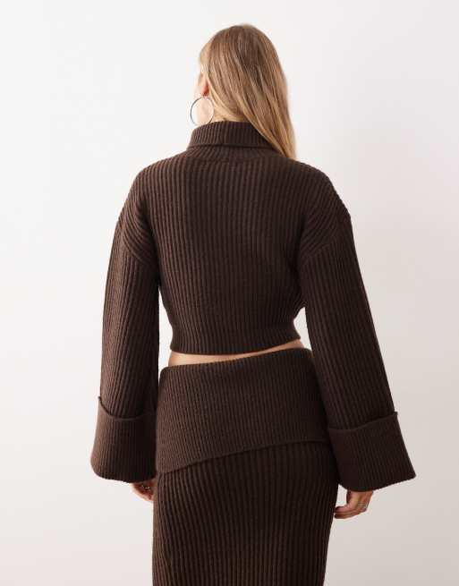 Wander Doll Mabel wool-look roll neck wide sleeve jumper in chocolate (Part of a set), 3 of 4