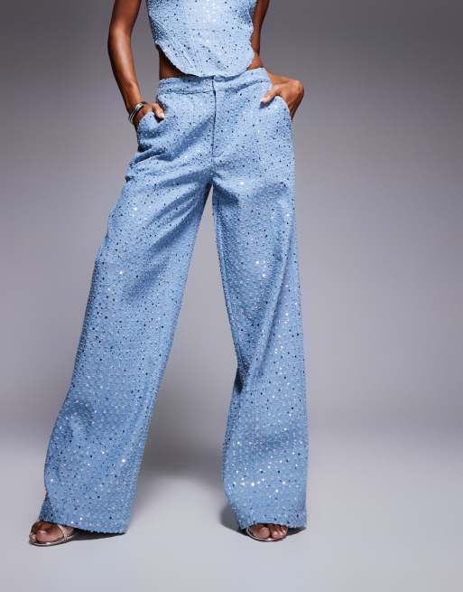 Wander Doll Maya sequin denim wide leg pants in blue - part of a set