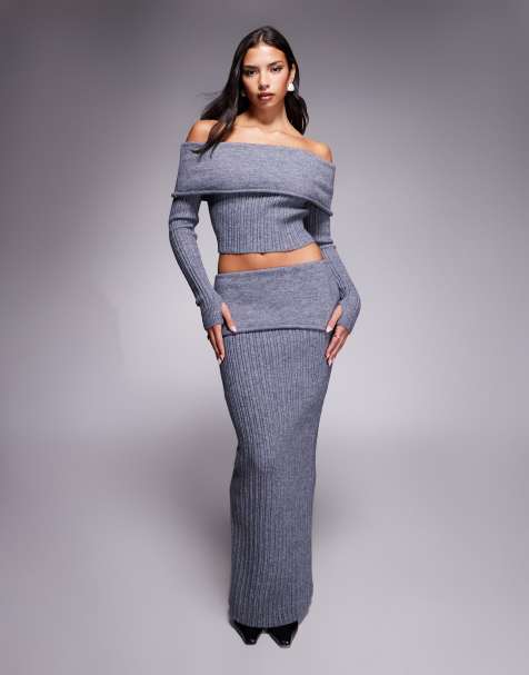 Wander Doll Mollie ribbed deep foldover maxi skirt in charcoal (Part of a set) - view 1