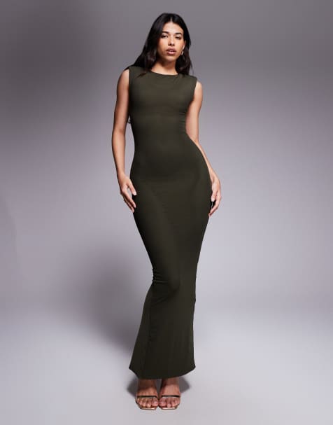 Wander Doll Naomi sculpting sleeveless shoulder pad detail bodycon maxi dress in forest green - view 1