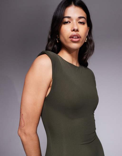 Wander Doll – Naomi – Skogsgrön, formande, ärmlös bodycon-klänning med axelvaddar, 4 av 4