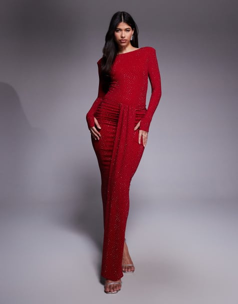 Wander Doll - Nara - Co-ord set met bodysuit met schoudervulling, siersteentjes en wijde hals en maxirok in rood - view 1