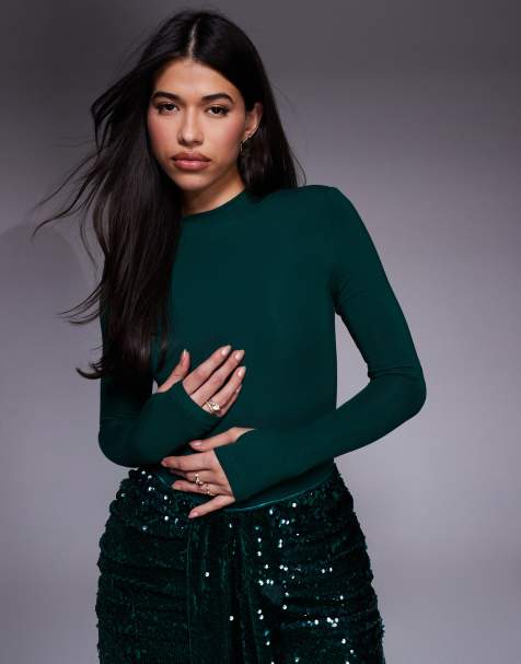 Wander Doll - Nara - Vormgegeven bodysuit met hoge hals in smaragdgroen, deel van co-ord set - view 1