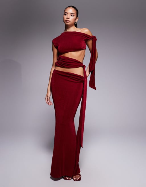 Wander Doll Noa premium slinky drape off-shoulder tie shoulder top in wine (Part of a set), 4 of 4