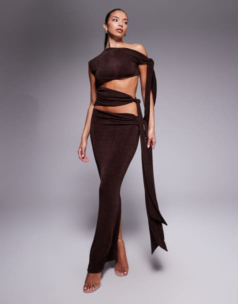 Wander Doll Noa premium slinky drape tie off-shoulder top and maxi skirt set in espresso - view 1