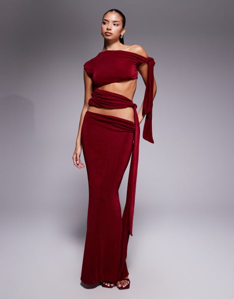 Wander Doll Noa premium slinky drape tie off-shoulder top and maxi skirt set in wine - view 1