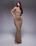 [Wanderdoll] Wander Doll Poppy slash neck sleeveless gathered waist detail maxi dress in mocha-Brown XS Mocha mousse