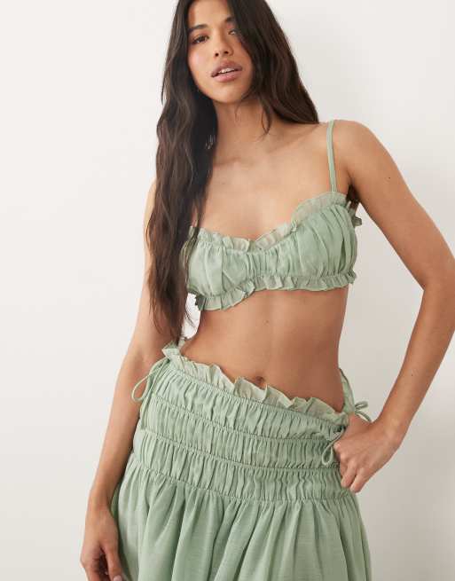 Wander Doll - Soulie - Co-ord set van gesmokte top en rok met linnenlook in saliegroen, 2 van 3