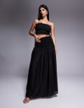 [Wanderdoll] Wander Doll Soulie linen-look ruffle trim tie detail shirred dropped waist maxi skirt in black (Part of a set) XL BLACK