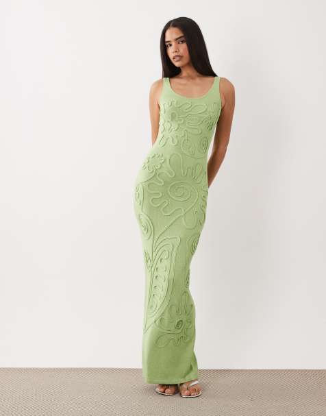 Wander Doll - Sunnie - Gebreide maxi jurk met abstract detail en gestrikte achterkant in saliegroen - view 1
