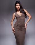 [Wanderdoll] Wander Doll Tate second skin slinky plunge neck ruched detail sleeveless maxi dress in grey mocha XS GREY MOCHA