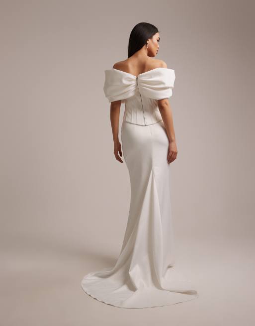 Wander Doll - Vivienne - Jupe de mariée longue d'ensemble en satin structuré épais à ourlet sirène - Blanc, 4 de 5