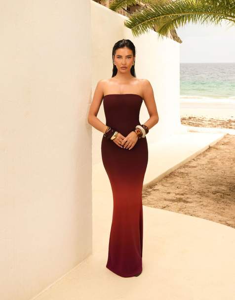 Wander Doll x Emma Milton Bonita premium sculpted mesh bandeau fishtail hem maxi dress in rust ombre - view 1
