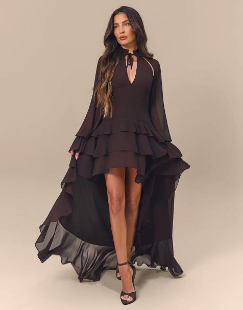 Wander Doll x Emma Milton Fleur chiffon tie neck ruffle high-low maxi dress in chocolate - view 1