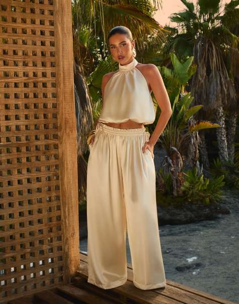 Wander Doll x Emma Milton Summa satin high-neck halterneck bubble-hem top in cream (Part of a set) - view 1
