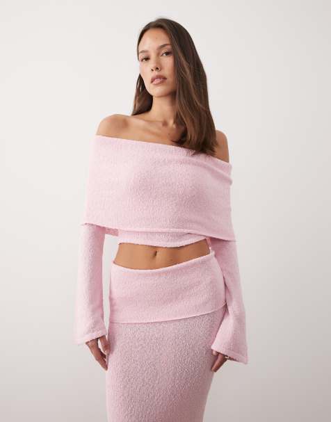 Wander Doll - Yasmin - Boucle bardot-top met overslag en dramatische uitlopende mouwen in babyroze, deel van co-ord set - view 1