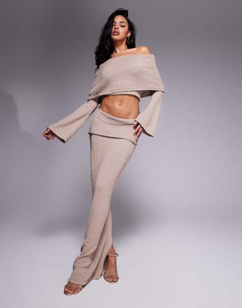 Wander Doll – Yasmin – Set mit Oberteil aus Bouclé in Taupe mit auffälligem Umschlag, ausgestellten Ärmeln und Maxirock, Kombiteil - view 1