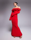 [Wanderdoll] Wanderdoll Ainsleigh second skin bardot corsage detail flared sleeve maxi dress in red S RED