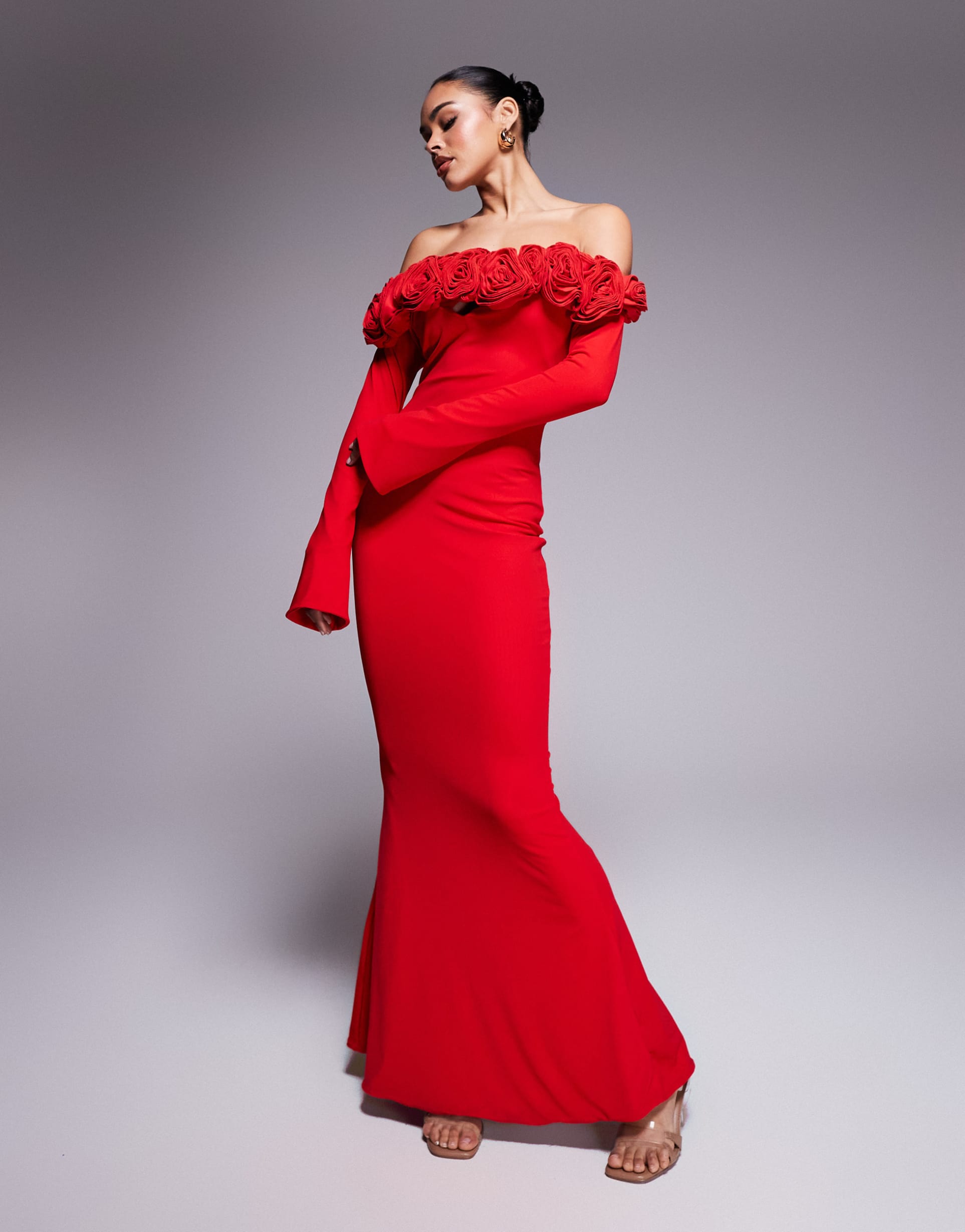 wanderdoll ainsleigh second skin bardot corsage detail flared sleeve maxi dress in red