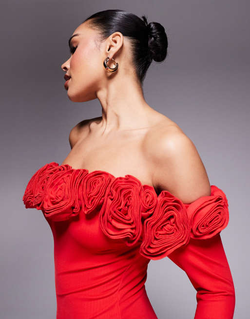 Wanderdoll Ainsleigh second skin bardot corsage detail flared sleeve maxi dress in red, 2 of 4