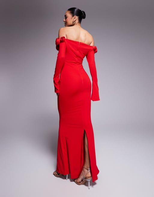 Wanderdoll Ainsleigh second skin bardot corsage detail flared sleeve maxi dress in red, 4 of 4